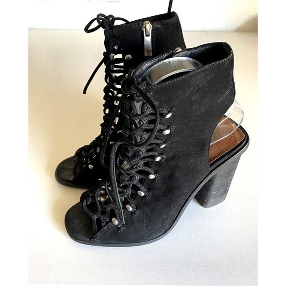 Mercer Edit Str8up Block Heel Sandal Bootie Black Suede Open Toe Corset … - Picture 3 of 7